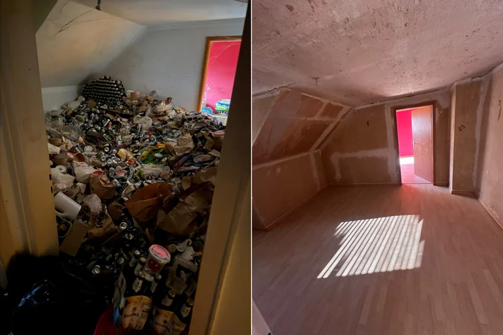 Vorher-Nachher-Vergleich: Raum mit Dachschräge. Links vorher, rechts nachher.
