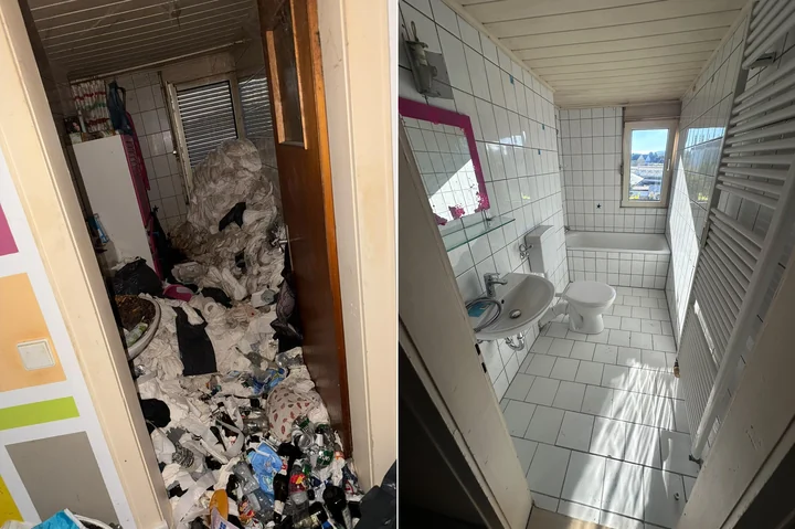 Vorher-Nachher-Vergleich: Badezimmer. Links vorher, rechts nachher.