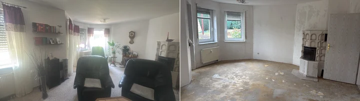 Vorher-Nachher-Vergleich: Wohnzimmer. Links vorher, rechts nachher.