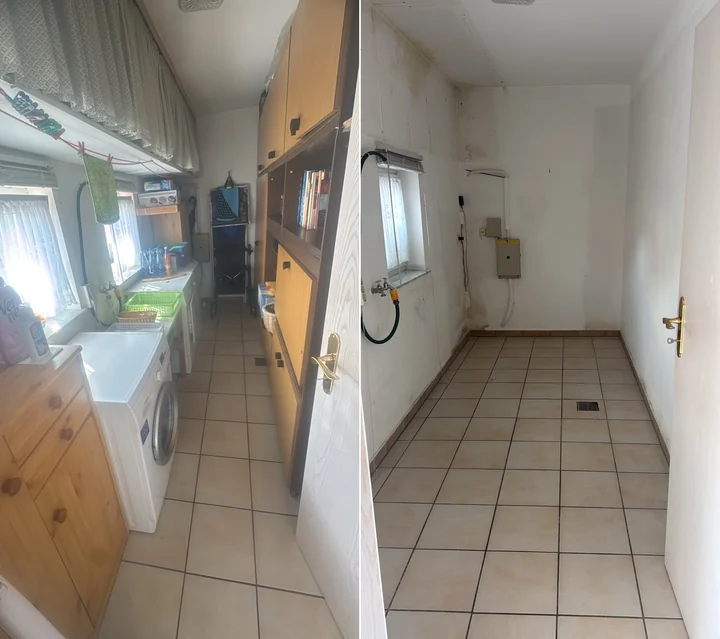 Vorher-Nachher-Vergleich: Hauswirtschaftsraum. Links vorher, rechts nachher.