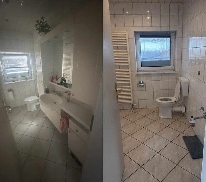 Vorher-Nachher-Vergleich: Badezimmer. Links vorher, rechts nachher.