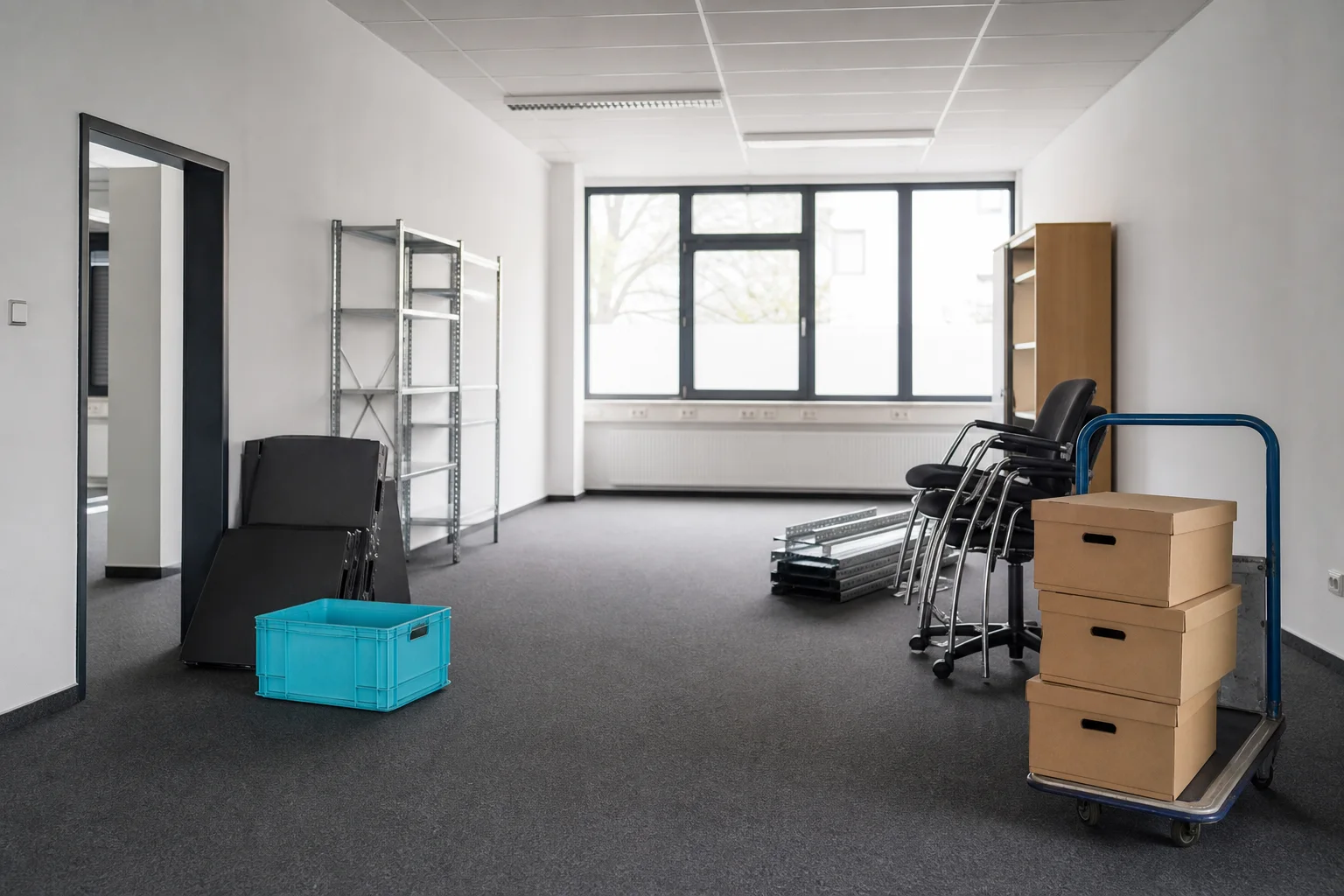 Bürofläche während einer Firmenauflösung mit bereitgestelltem Inventar