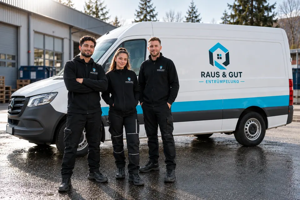 Das Raus & Gut Team vor dem Firmenfahrzeug
