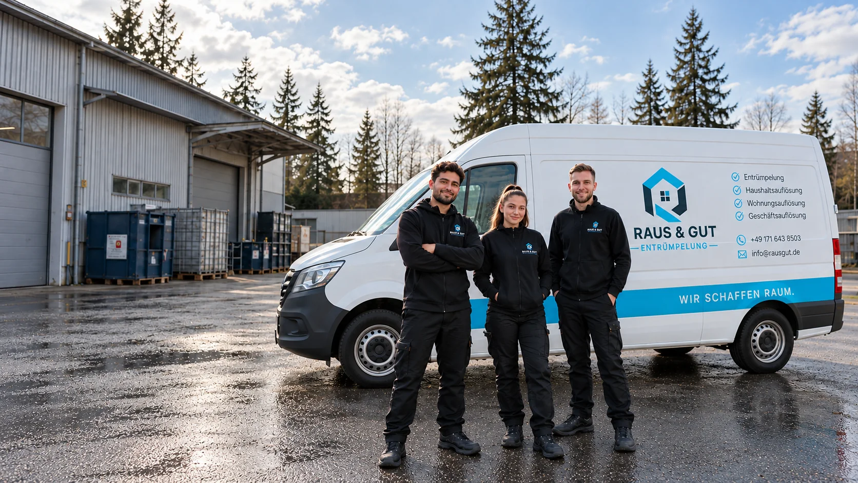 Das Raus & Gut Team mit seinem Firmenfahrzeug am Betriebshof